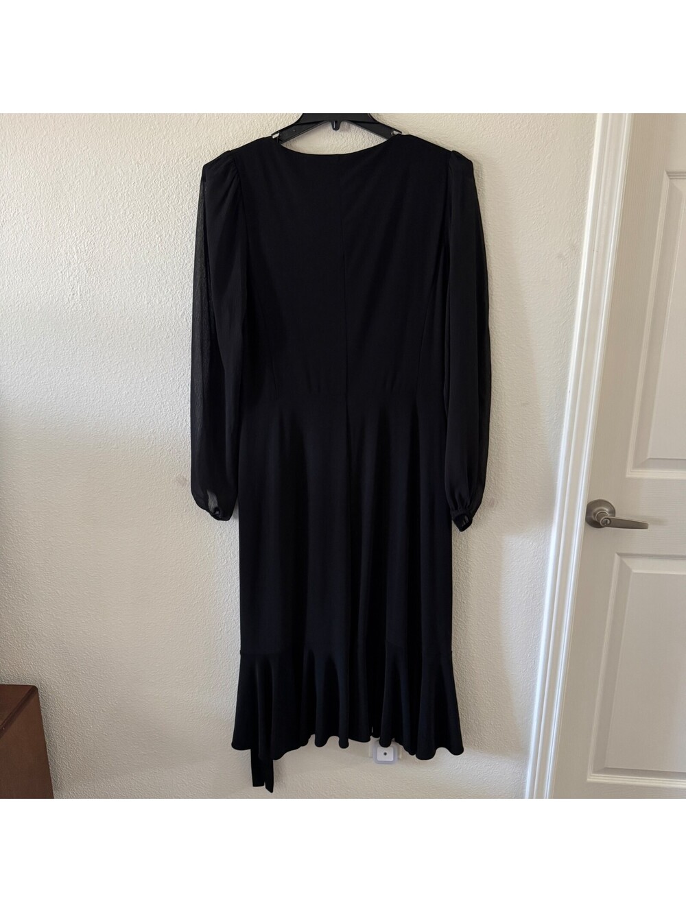 Black Chiffon Bishop Sleeve Asymmetrical Tie Midi Dress Sz 14 Goth Dark Coquette - Picture 3 of 9